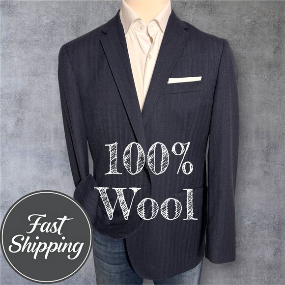 LANDS END Mens Blazer 44R Sport Coat 2-Button Jacket Navy 100% Wool - Picture 1 of 14